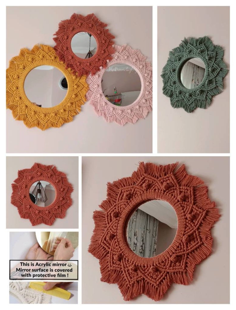 May include: A set of four macrame mirrors with different colored yarn. The mirrors are round and have a fringe border. The text "This is Acrylic mirror... Mirror surface is covered with protective film!" is visible in the image.