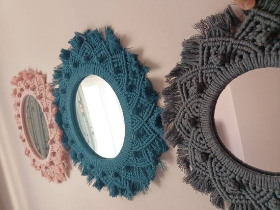 Boho Macrame Mirror Wall Decor, Handmade Hanging Mirror, Neutral Bohemian Bedroom Decor