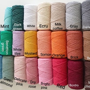 May include: A collection of 20 spools of cotton cord in various colors, including mint, dark green, white, ecru, milk coffee, gray, dark gray, blue, benetton green, white lilya, mustard, somon orange, brick, brown, baby blue, green almond, delicate pink, dry rose, bright pink, red, bordro, and black chocolate.