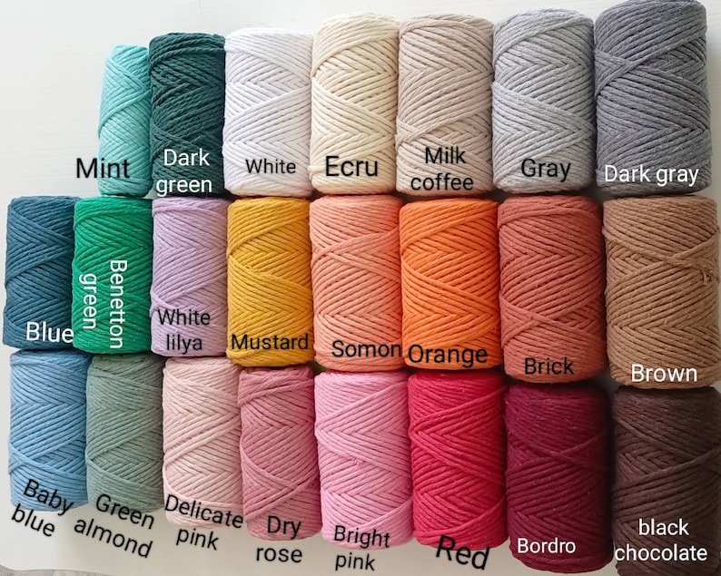 May include: A collection of 20 spools of cotton cord in various colors, including mint, dark green, white, ecru, milk coffee, gray, dark gray, blue, benetton green, white lilya, mustard, somon orange, brick, brown, baby blue, green almond, delicate pink, dry rose, bright pink, red, bordro, and black chocolate.
