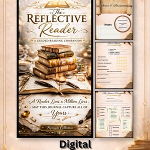 May include: A digital download of "The Reflective Reader," a guided reading companion. The image features a stack of books, an open book with a pen, and reading glasses. The design includes decorative elements and the text "Digital Download."