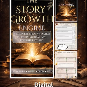 Op de afbeelding: Afbeelding van een digitale download met de titel "The Story Growth Engine" en de slogan "A Complete Creative System for Turning Ideas into Powerful Stories". De afbeelding toont een open boek met licht en extra pagina's.