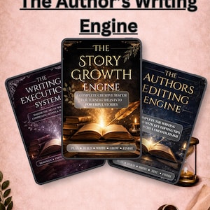 May include: An advertisement for "The Author's Writing Engine" featuring three digital book covers. The covers are dark with gold accents and text, including "The Story Growth Engine" and "The Author's Editing Engine". The background is a soft pink.