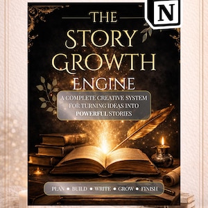 May include: A digital graphic with the text "THE STORY GROWTH ENGINE" and the Notion logo. The image features an open book with light emanating from it, a quill, and other books. The text reads "A COMPLETE CREATIVE SYSTEM FOR TURNING IDEAS INTO POWERFUL STORIES."