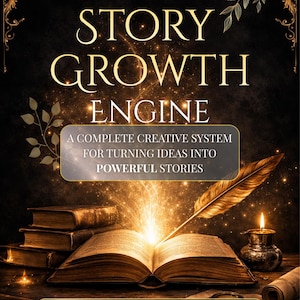May include: An open book with glowing light emanating from its pages, with the text "THE STORY GROWTH ENGINE" above. The image includes a feather quill, a candle, and the words "PLAN, BUILD, WRITE, GROW, FINISH".