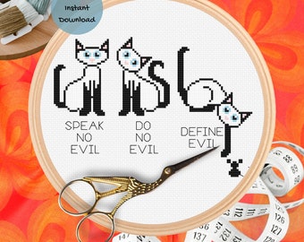 Speak No Evil counted cross stitch pattern funny modern easy beginner cats