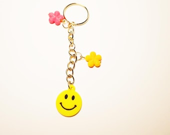 Yellow Smiley Face Keychain, Pink Flower Bag Charm, Backpack Accessory