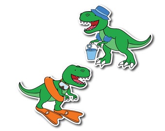 Op de afbeelding: Twee groene cartoon-dinosaurussen, een met een blauwe hoed en een blauwe emmer, de andere met een snorkel en oranje flippers.