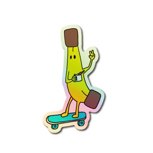 May include: A yellow banana character with a brown hat and a cup of coffee in its hand, riding a blue skateboard with rainbow-colored accents.