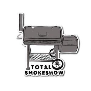 May include: A black and gray smoker with a thermometer and a side firebox. The smoker is on wheels and has a metal grate. The text "TOTAL SMOKESHOW" is printed below the smoker.
