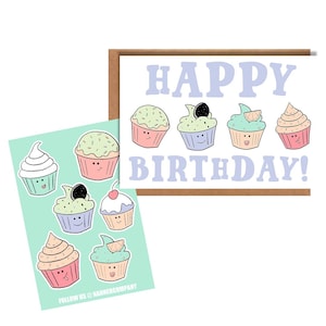 Cute Cupcake Birthday Card and Sticker Sheet | Birthday Card | Sticker Sheet
