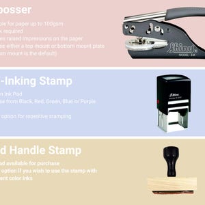 May include: Three different types of stamps: an embosser, a self-inking stamp, and a wood handle stamp. The embosser is gray and silver with the word "Shiny" on it. The self-inking stamp is black with a red dot and the word "Shiny" on it. The wood handle stamp is made of wood with a black handle.