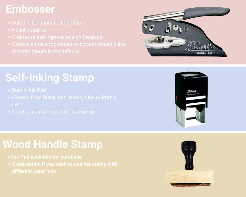 May include: Three different types of stamps: an embosser, a self-inking stamp, and a wood handle stamp. The embosser is gray and silver with the word "Shiny" on it. The self-inking stamp is black with a red dot and the word "Shiny" on it. The wood handle stamp is made of wood with a black handle.
