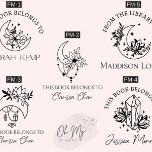 May include: A set of ten bookplate stamps featuring a crescent moon, stars, and floral designs. The stamps are labeled with the names "Sarah Kemp", "Madisson Long", "Clarissa Chan", and "Jessica Morris".