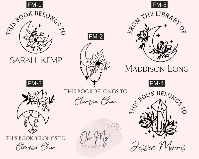 May include: A set of ten bookplate stamps featuring a crescent moon, stars, and floral designs. The stamps are labeled with the names "Sarah Kemp", "Madisson Long", "Clarissa Chan", and "Jessica Morris".