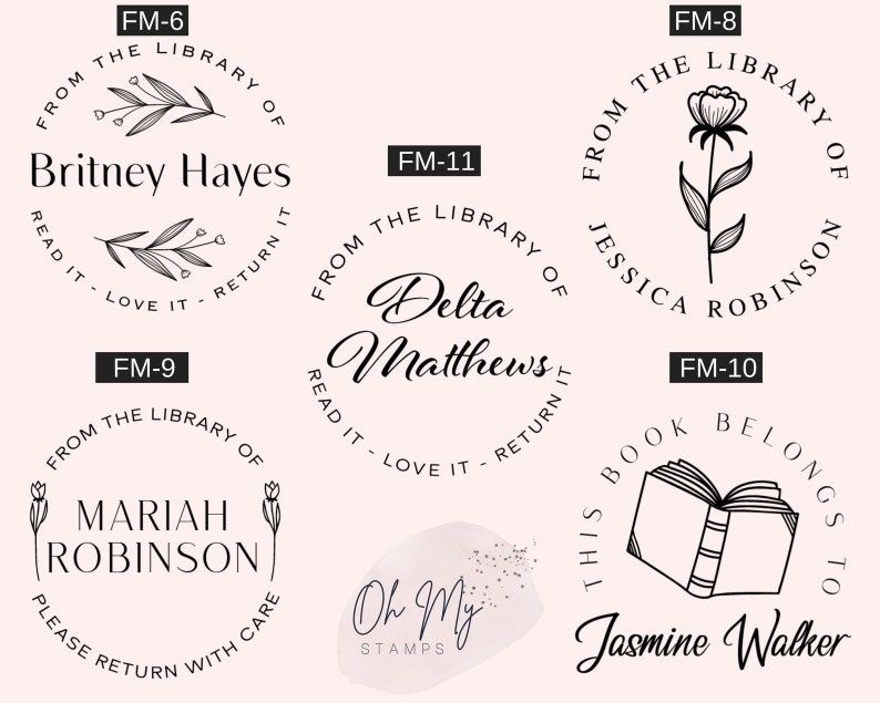 May include: A set of ten black and white rubber stamps with different designs. The stamps are circular and feature various floral and book-themed illustrations. The text on the stamps includes names, phrases like "From the Library of" and "Read it - Love it - Return it", and the company name "Oh My Stamps".