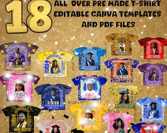 18 Premade editable all over tshirt designs. Includes canva templates and pdf version!! includes different sizes and drag and drop features.