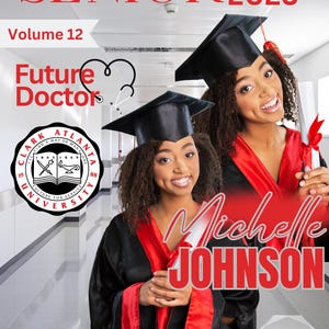 May include: A graduation photo of a student wearing a red and black graduation gown and cap. The student is holding a diploma and has a 4.0 GPA. The photo is from Midtown High School, class of 2025. The student is a future doctor.