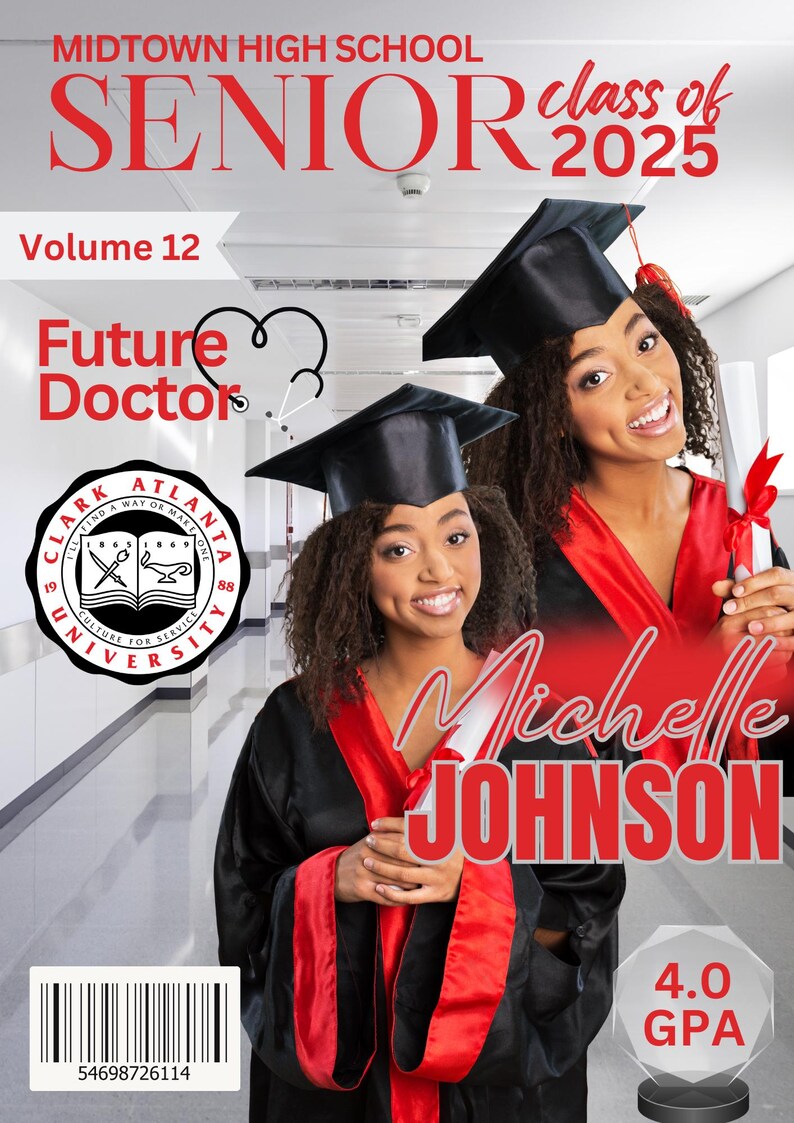 May include: A graduation photo of a student wearing a red and black graduation gown and cap. The student is holding a diploma and has a 4.0 GPA. The photo is from Midtown High School, class of 2025. The student is a future doctor.