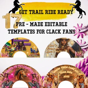 Może przedstawiać: 17 gotowych, edytowalnych szablonów dla fanów clack. Szablony prezentują różnorodne wzory, w tym motyw Mardi Gras, motyw kowbojski i motyw butów na ziemi. Szablony idealnie nadają się do tworzenia spersonalizowanych clack fanów na każdą okazję.