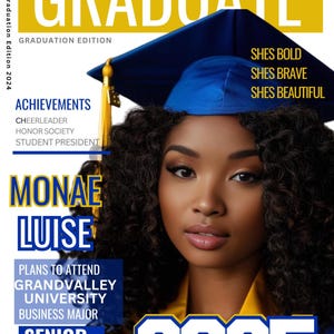 May include: A graduation announcement featuring a portrait of a young woman wearing a blue graduation cap and gown. The text "GRADUATE" is in large yellow letters at the top of the announcement. The woman's name is "MONAE LUISE" and the year is "2025".
