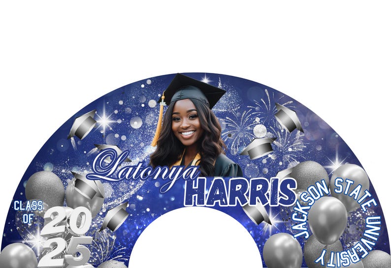 K&ouml;nnte beinhalten: Eine blaue und silberne Dekoration f&uuml;r eine Abschlussfeier mit dem Namen Latonya Harris und dem Text "Class of 2025" und "Jackson State University".