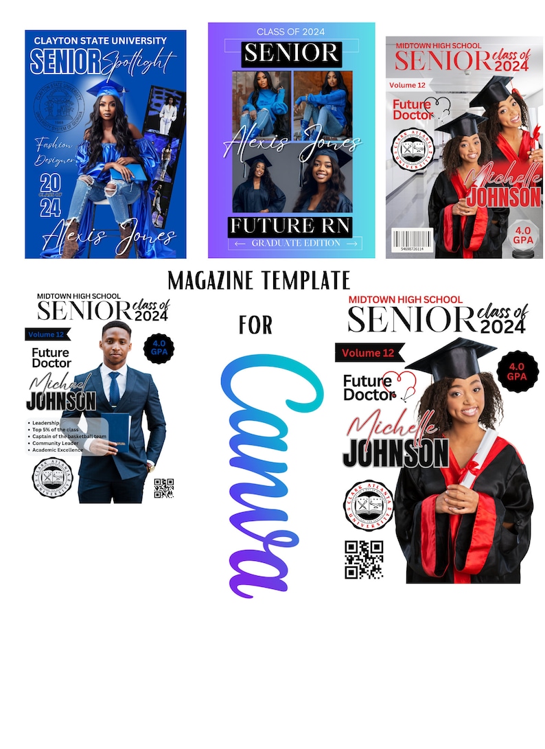 May include: A magazine template for Canva with a blue and purple gradient background. The text "MAGAZINE TEMPLATE FOR CANVA" is in white. There are four images of high school seniors in graduation attire. Each image has a caption with the student's name, their future career, and their GPA. The text "CLASS OF 2024" is in white on a black background.