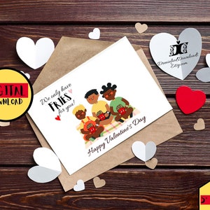 Cartão de dia dos namorados para impressão, só tenho batatas fritas para você, garoto negro, 7 "x5" para trabalho escolar, amigos, família, download instantâneo do dia dos namorados