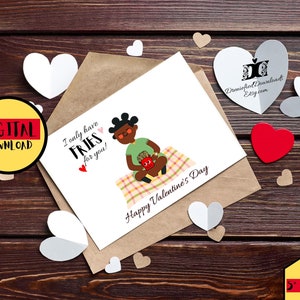 Cartão de dia dos namorados para impressão, só tenho batatas fritas para você, garoto negro, 7 "x5" para trabalho escolar, amigos, família, download instantâneo do dia dos namorados