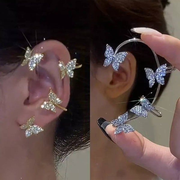 PAIR OR SINGLE Gold Silver.Rhinestone butterfly sparkle ear cuff earring ear cuff wrap climber jewelry