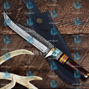 Survival DAMASCUS HUNTING KNIFE, Damascus Fixed Blade Knife, Damascus Gut Hook Knife, Damascus Ka bar Knife Handmade Unique Christmas Gift