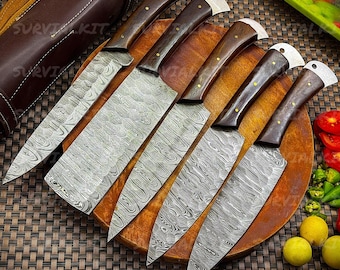 Conjunto de Facas de Chef Artesanais em Aço Damasco – Conjunto de Facas de Cozinha Profissionais com 5 Peças | Faca de Cozinha e Churrasco Forjada Personalizada com Estojo de Couro | Presente de Natal