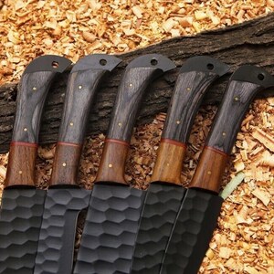 Handmade Damascus Chef Knives Set of 5, perfect for any kitchen enthusiast. This Damascus kitchen knives set makes an excellent Christmas gift for him or a wedding anniversary gift for a husband.
