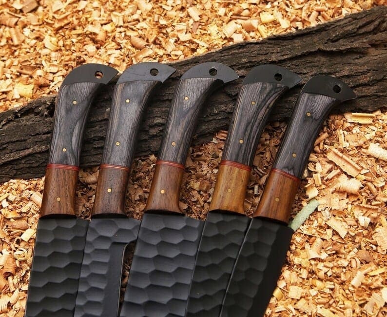 Handmade Damascus Chef Knives Set of 5, perfect for any kitchen enthusiast. This Damascus kitchen knives set makes an excellent Christmas gift for him or a wedding anniversary gift for a husband.