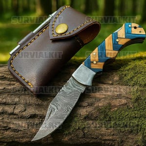 Damascus Steel Pocket Knife, Handmade Folding Knife with Leather Sheath Unique Gift for Him Her Collectible Outdoor Camping Tool