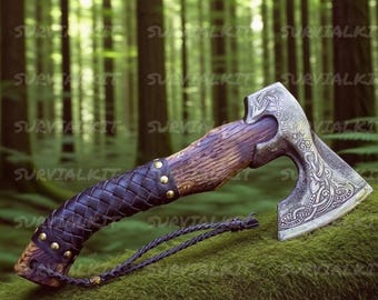 Hand-Forged Carbon Steel Viking Axe | Custom Engraved Hatchet with Sheath | Personalized Axe Gift for Him, Groomsmen, Birthday, Anniversary