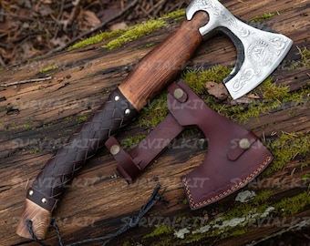 Hand Forged Viking Axe | Custom Ragnar Hatchet | Personalized Gift for Him | Anniversary, Birthday, Christmas Gift w/ Leather Sheath