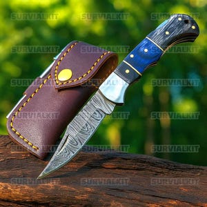 Hand-Forged Damascus Folding Knife | Custom Pocket Knive wood Handle, Engraved Folding Knife for Birthday, Groomsmen Gift | Gift for Him