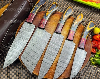 Premium Damascus Kitchen Knife Set – 5 PC Hand-Forged Chef Knives Wood Handles | Professional Cooking BBQ Knife Set Christmas Gift for Him