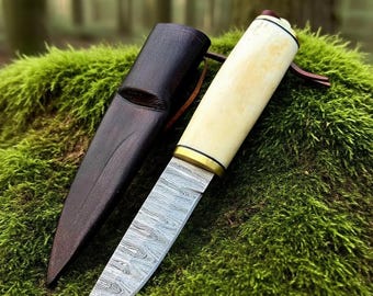 Handmade Damascus Puukko Knife – Personalized Hunting Knife, Custom Survival Knife Groomsmen Gift, Anniversary or Birthday Gift for Husband