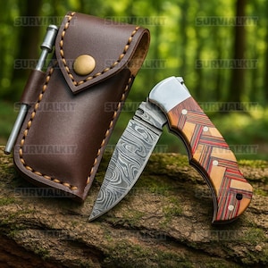 Handmade Damascus Steel Folding Knife with Sheath | Gift for Him or Her | Unique Pocket Knive Collectible Outdoor Tool | Knife for gift