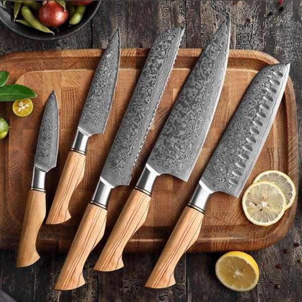 Ensemble de chef damas personnalisé, couteau de cuisine fait main, couteaux de chef damas, couteau de cuisine, couteaux de cuisine, cadeau d'anniversaire et cadeau d'anniversaire États-Unis