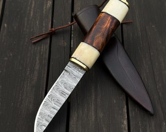 Viking Puukko Knife for Hunting & Camping | Hand-Forged Damascus Knives with Leather Sheath | Personalized Gift for men | Christmas Present