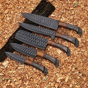 Handmade Damascus Chef Knives Set of 5, perfect for any kitchen enthusiast. This Damascus kitchen knives set makes an excellent Christmas gift for him or a wedding anniversary gift for a husband.