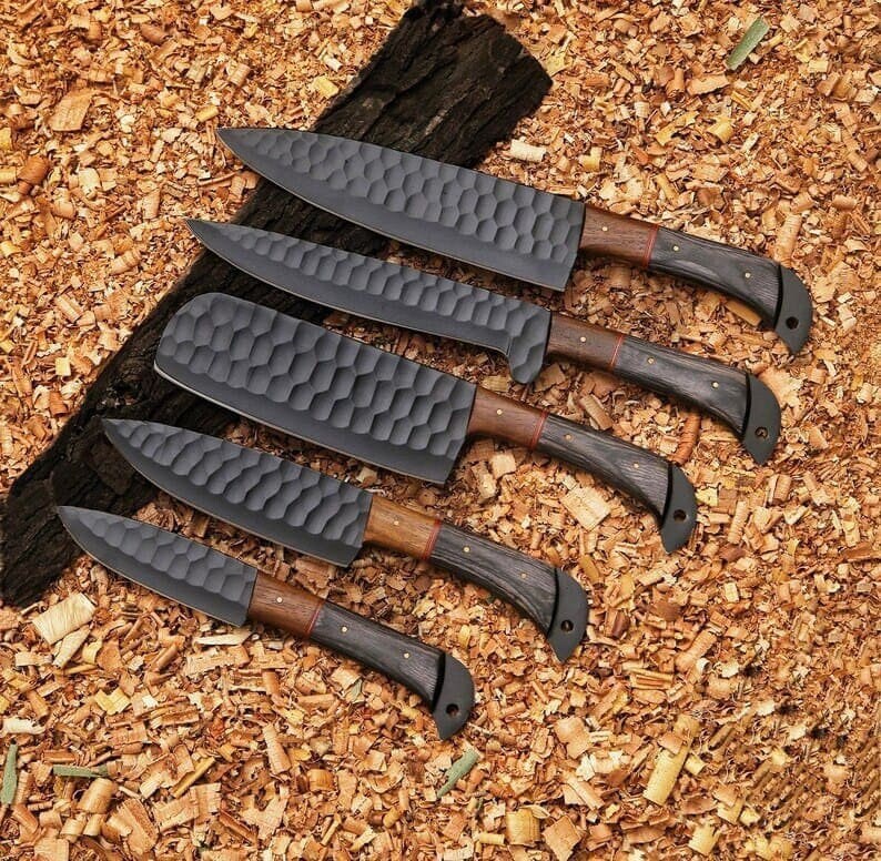Handmade Damascus Chef Knives Set of 5, perfect for any kitchen enthusiast. This Damascus kitchen knives set makes an excellent Christmas gift for him or a wedding anniversary gift for a husband.