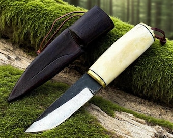Handmade High Carbon Steel Puukko Knife – Viking Outdoor Bushcraft Knife with Walnut & Bone Handle Hunting knife gift for him, Birthday Gift