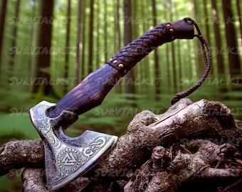 Engraved Viking Axe | Hand-Forged Carbon Steel Bearded Axe with Leather Sheath | Custom Personalized Axe Gift for Him, Groomsmen, Birthday