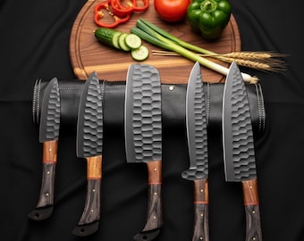 Damascus Chef Knife Set, Hand-Forged Kitchen Knives, BBQ knive with Wooden Handles | Kitchen Cutlery Tool, Personalized Chefs Gift