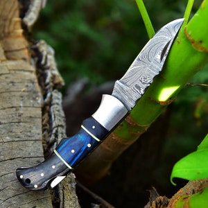 Handcrafted damascus Steel Folding Knife Unique Christmas Gift for Him Or Her | Collectible Pocket Knife - High quality Blade-Leather sheath