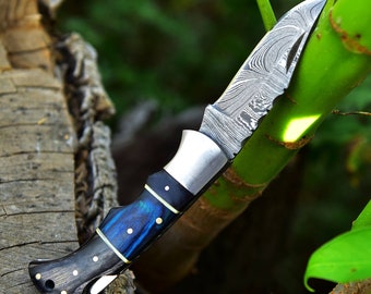 Handcrafted Damascus Steel Folding Knife: Collectible Pocket Knife with Leather Sheath